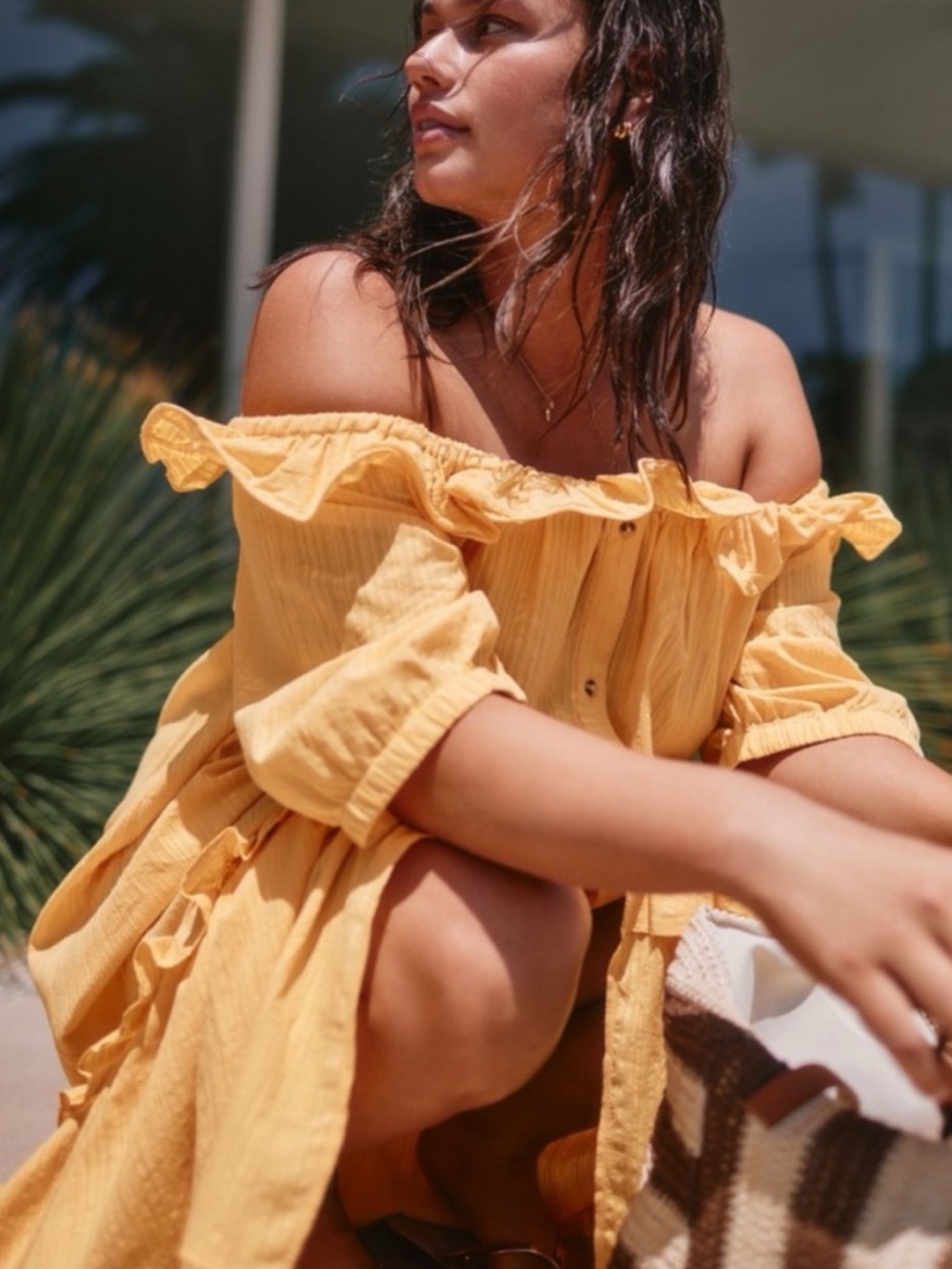 Anthropologie Ruffle Off-The-Shoulder Button  Gauze Beach Cover Up Dress, S - Picture 7 of 12